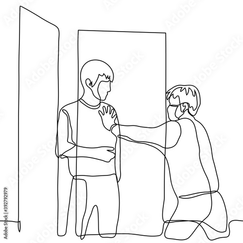 masked man enters the room but another man stops him and kicks him out. one line drawing concept security guard kicks out a visitor, event cancellation, kick out unwanted guest, violent customer