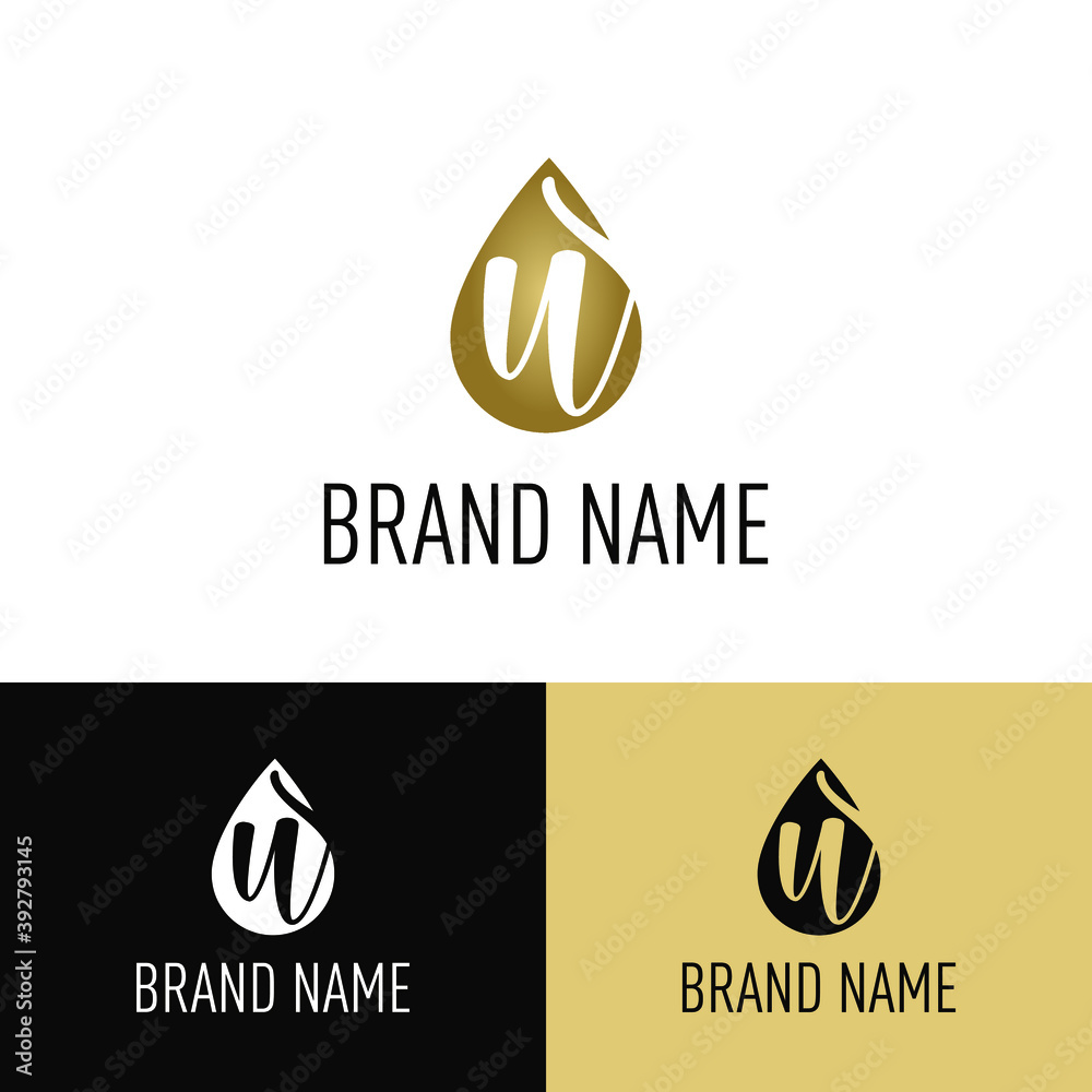 Initial Letter U in Luxury Golden Water drop / droplet icon. Cosmetic, salon, beauty, olive oil business logo vector concept