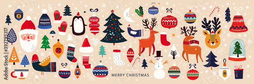 Christmas decorative collection with funny Santa Claus, Christmas toys, Christmas tree and holiday elements. Christmas pattern