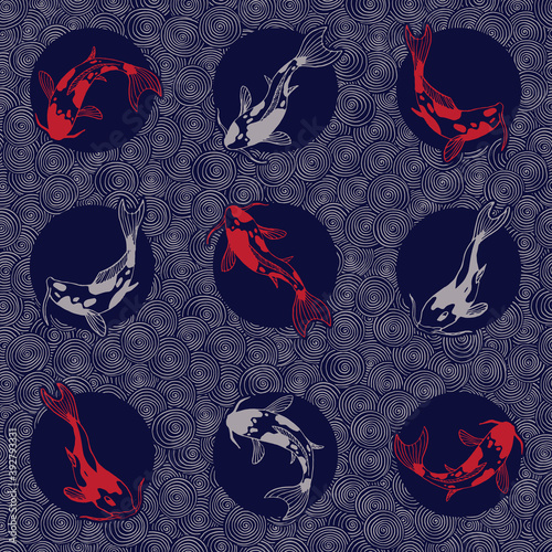 Traditional japanese ornament. Seamless pattern. Waves an koi carps. Asian nautical background. Vector illustration