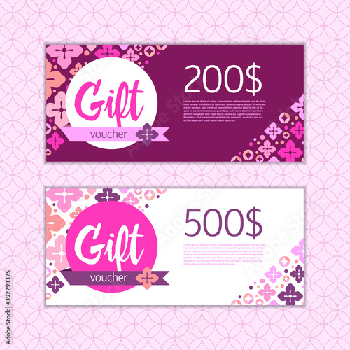 Elegant gift voucher template. Certificate, card, flyer.  Abstract ornamental background with cherry flower and circles. Spa, beauty salon, manicure, cosmetic. Vector illustration.