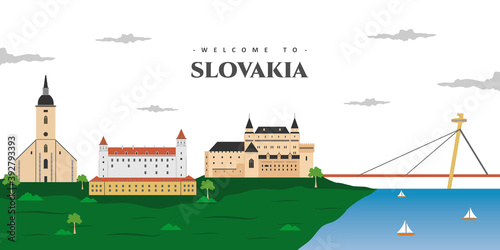 Panoramic view of Slovakia city landscape with famous building landmark. Great place for tourist vacation. Welcome to Slovakia postcard. Travel and safari concept of Europe world map illustration