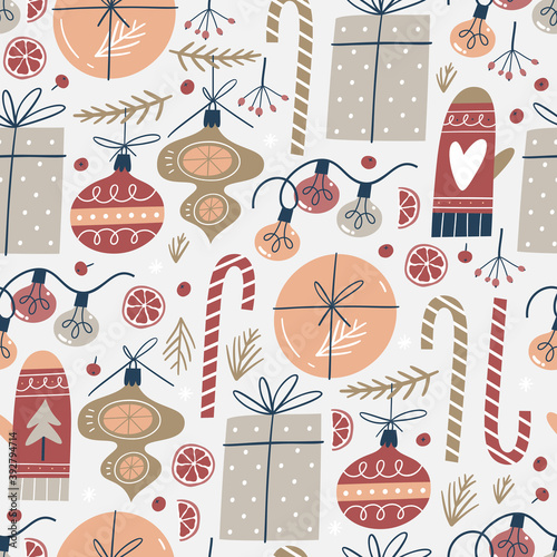 Seamless pattern with Christmas elements. For fabric, wrapping paper and other decoration. 