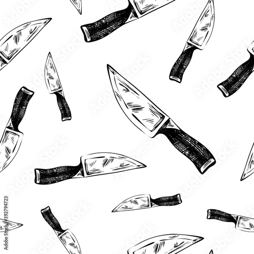 Hand-drawn knifes on transparent backdrop. Sketch style vector background. Seamless pattern.