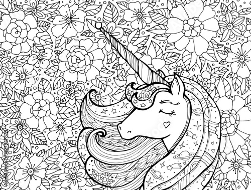 Unicorn, floral pattern. Magical, amazing animal. Vector cartoon artwork. Black and white. Coloring book pages for adult and kid. Hand drawn illustration. Fairy tale concept