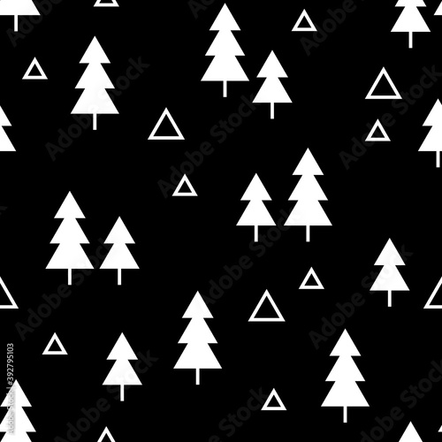 Seamless pattern with christmas trees. Vector illustration. White trees on black background. Winter texture for print, textile, packaging.