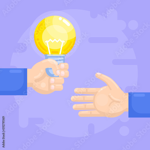 Sell or buy idea, intellectual property. Hand holds idea lightbulb. Modern style vector illustration