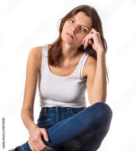 Portrait of beautiful young woman in white t-shirt