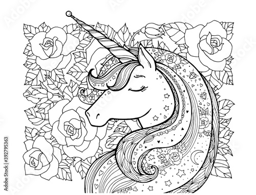 Unicorn and roses pattern. Magical, amazing, cute, lovely animal. Vector cartoon artwork. Black and white. Coloring book pages for adults and kids. Hand drawn illustration. Fairy tale concept