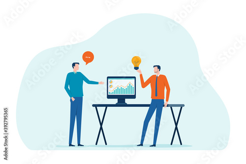 Flat illustration two businessman talking for business finance investment with monitor graph report concept and vector cartoon character design 
