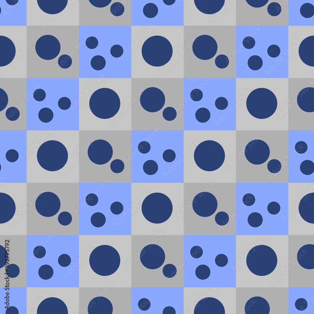 Blue geometric zigzag pattern of small and large circles and squares. Dark blue circles on a chess background. Blue geometric zigzag pattern of small and large circles and squares. Dark blue circles on a chess background.