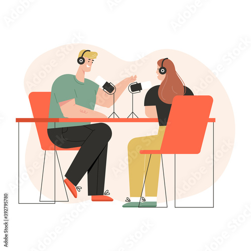 Radio host and guest are recording interview in studio