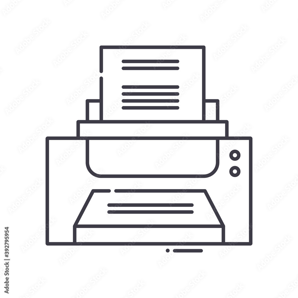Printing device icon, linear isolated illustration, thin line vector, web design sign, outline concept symbol with editable stroke on white background.