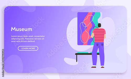 Vector banner of Museum concept. Man watching exhibition of painting