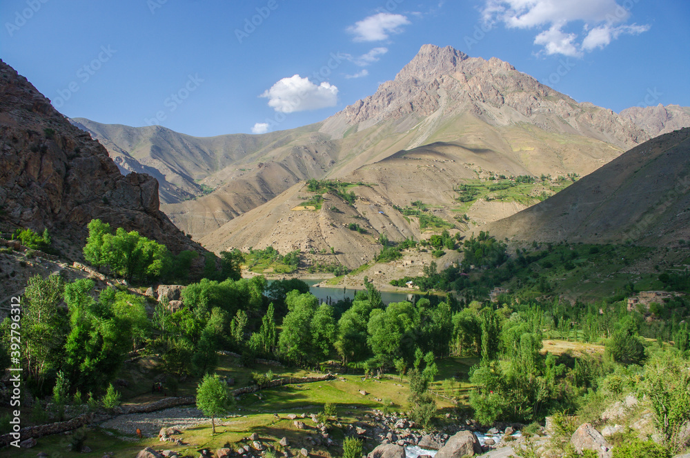 Scenic summer mountain landscape of Shing river valley in Marguzor seven lakes area, Fann mountains, near Penjikent or Panjakent, Sughd, Tajikistan 
