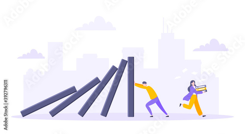 Domino effect or business resilience metaphor vector illustration. Adult young man pushing falling domino line business concept of problem solving.