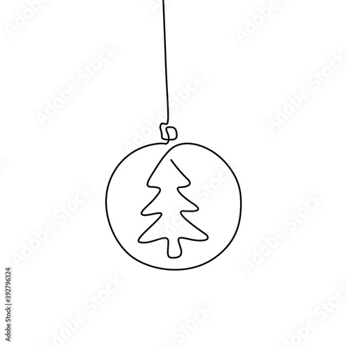 Christmas tree toy ball. New year celebration. Greeting card design. Abstract silhouette, continuous line drawing, small tattoo, print for clothes and logo design, emblem or logo, isolated vector.