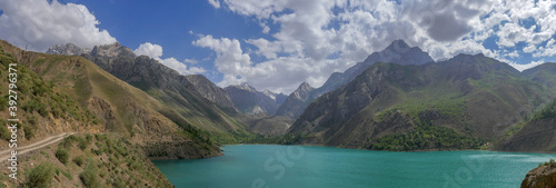 Turquoise blue Marguzor lake in scenic mountain landscape in the seven lakes area, Shing river valley, near Penjikent or Panjakent, Sughd province, in Tajikistan © Cyril Redor
