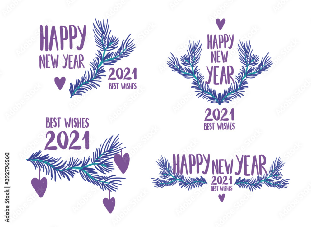vestor set of gritting happy new year winter color 2021, with xmas tree element vestor set of gritting happy new year winter color 2021, with xmas tree element