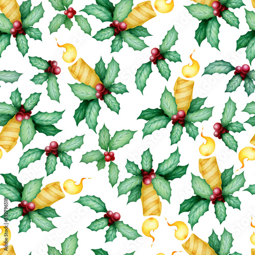 Christmas seamless watercolor pattern with hand drawn holly leaves, berries and candles isolated on white background. Illustration for print, card, invitation, wallpaper, fabric, home decor