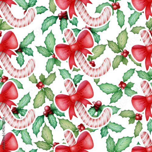 Christmas seamless watercolor pattern with hand drawn holly leaves, berries and lollipops isolated on white background. Illustration for print, card, invitation, wallpaper, fabric, home decor