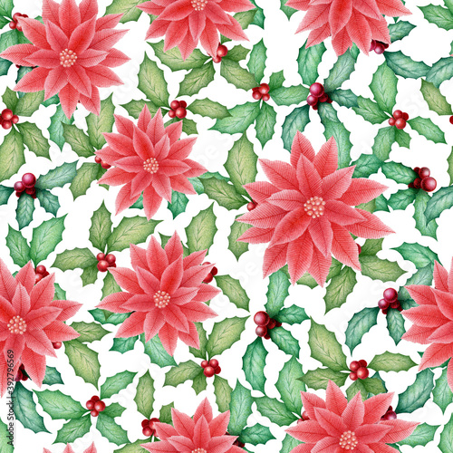 Christmas seamless watercolor pattern with hand drawn poinsettia and holly plant isolated on white background. Illustration for print, card, invitation, wallpaper, fabric, home decor