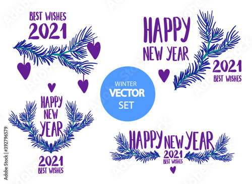 vestor set of gritting happy new year winter color 2021, with xmas tree element photo