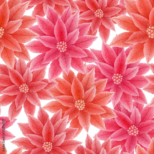 Christmas seamless watercolor pattern with hand drawn poinsettia flowers isolated on white background. Illustration for print, card, invitation, wallpaper, fabric, home decor