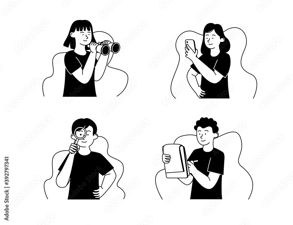 Flat Outline Black And White Thinking And Brainstorming Kids Concept