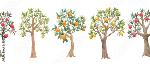 Fotografie, Obraz Beautiful seamless pattern with cute watercolor fruit trees