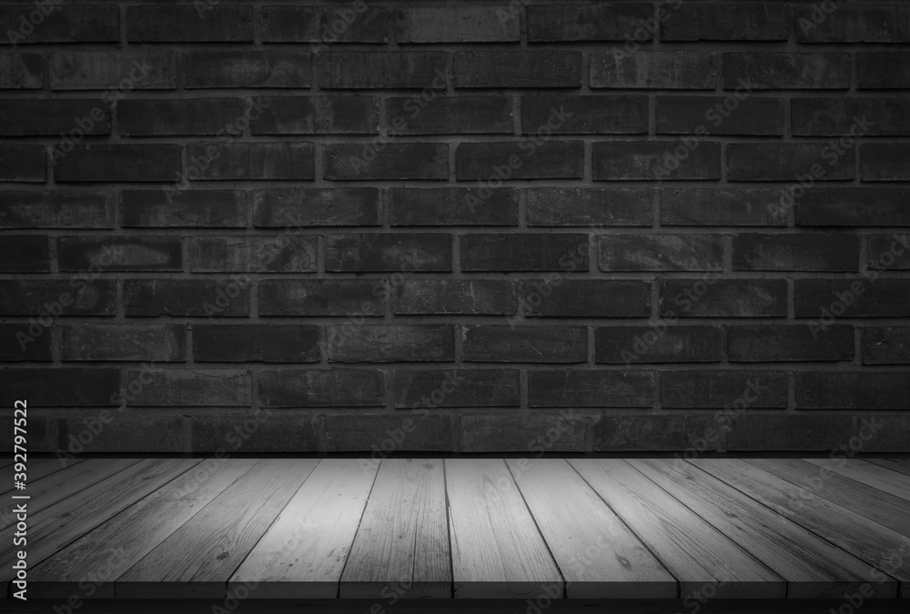 Empty wooden table top on black dark brick wall background, Design wood counter white. Perspective for show space for your copy and branding. Can be used as product display montage. Vintage style.