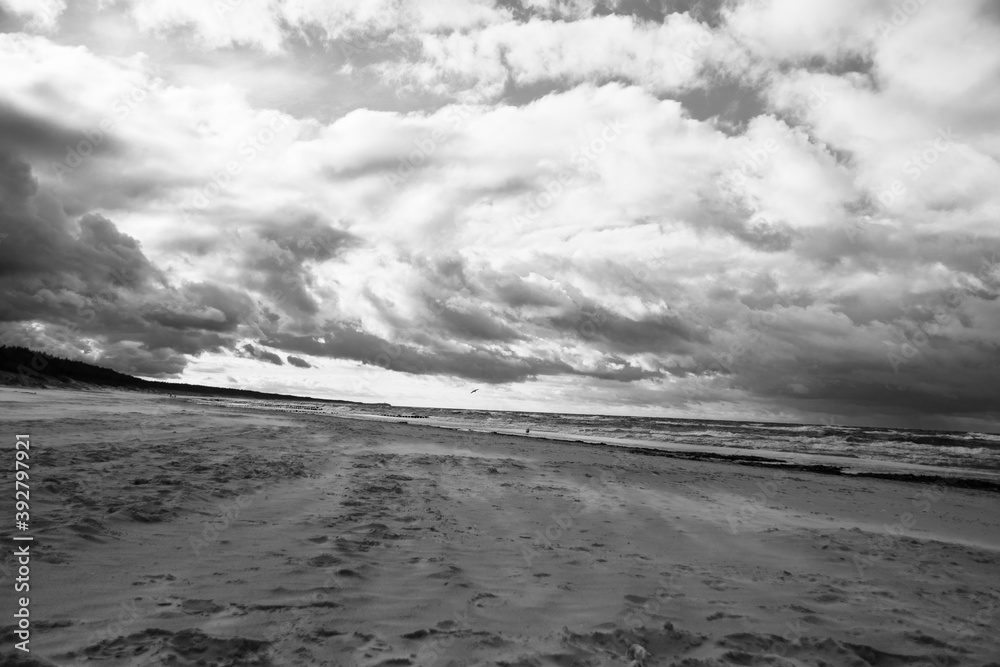 Beach during a storm - black and white photo of the beach