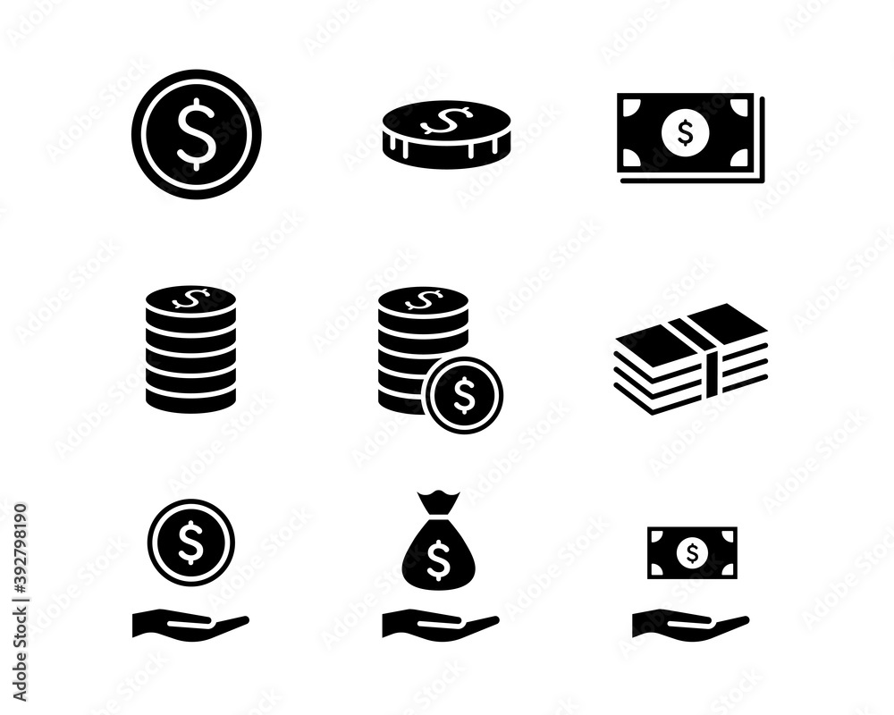 お金 ドルのアイコンセット 金融 経済 ビジネス 通貨 お札 現金 シンプル マーク コイン Stock Vector Adobe Stock
