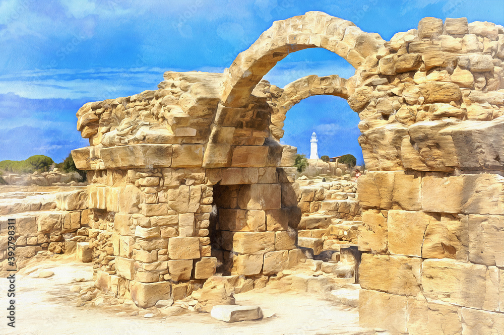 View on ancient architechture ruins colorful painting looks like picture