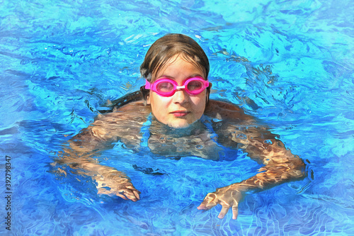 Girl in glasses swim in the blue swimming pool