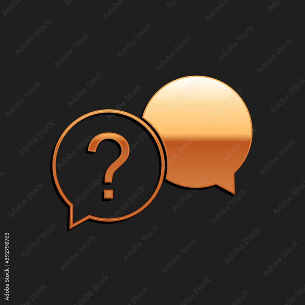 Gold Chat question icon isolated on black background. Help speech bubble symbol. FAQ sign. Question mark sign. Long shadow style. Vector. Gold Chat question icon isolated on black background. Help speech bubble symbol. FAQ sign. Question mark sign. Long shadow style. Vector.