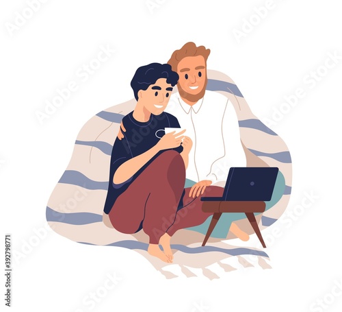 Gay couple covered with plaid cuddling and watching movie on laptop. Cute homosexual partners spend time together sitting at home. Flat vector cartoon illustration isolated on white background