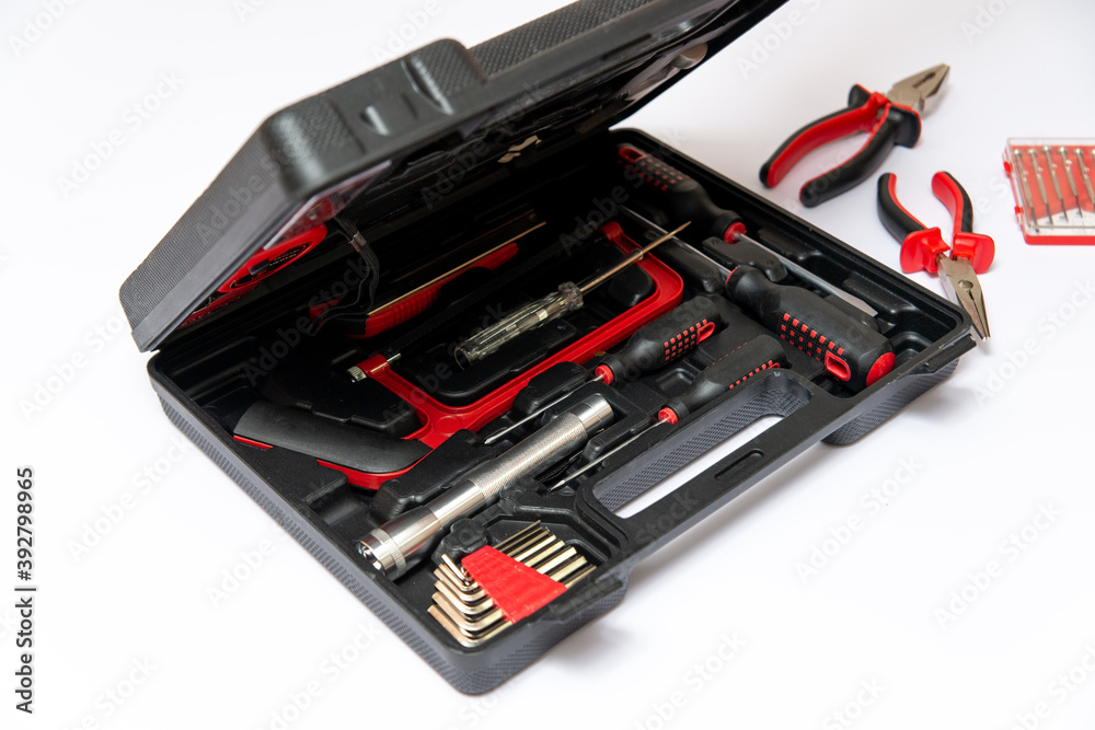 toolbox with tools. black and red set of tools for repair toolbox with tools. black and red set of tools for repair
