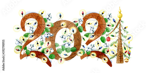 Christmas lettering. Symbol of the new year 2021 decorated with twigs, leaves and berries of a snowberry and a light multi-colored garland.
