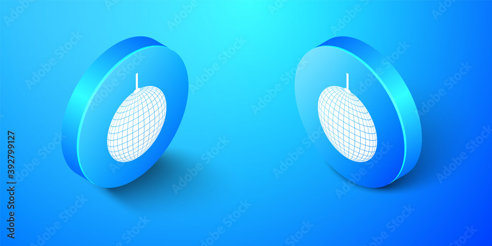 Isometric Disco ball icon isolated on blue background. Blue circle button. Vector.