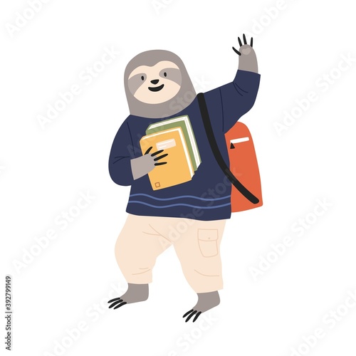 Animalistic childish character student carrying books and waving hand. Cute s...