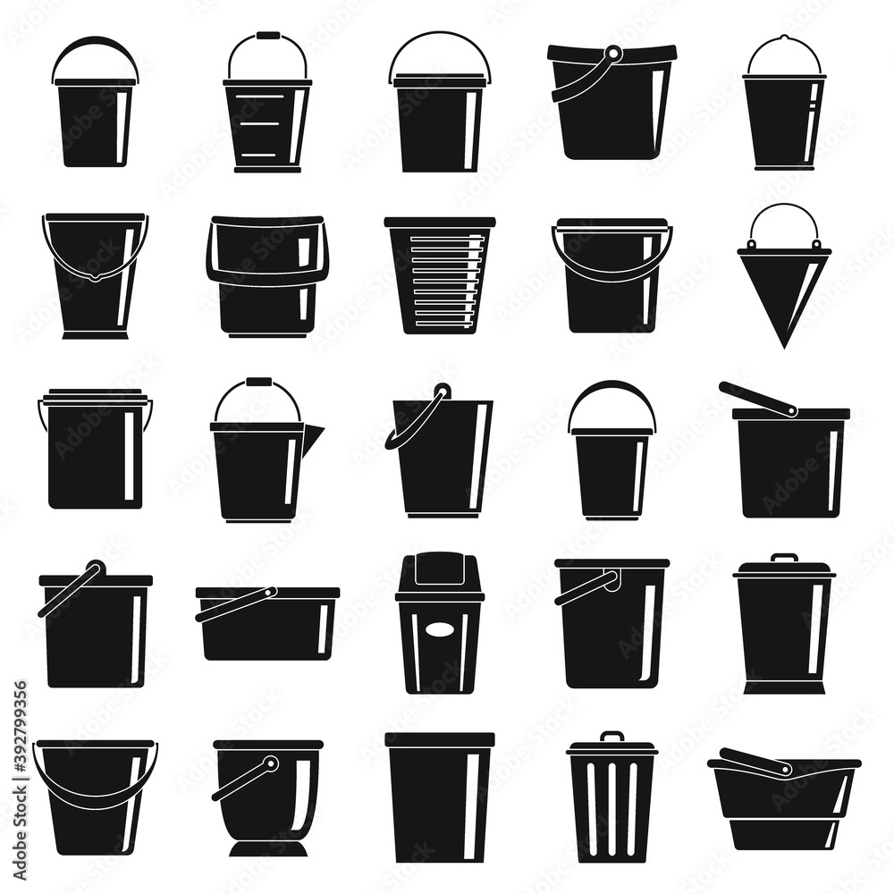 Buckets black simple icons set Buckets black simple icons set