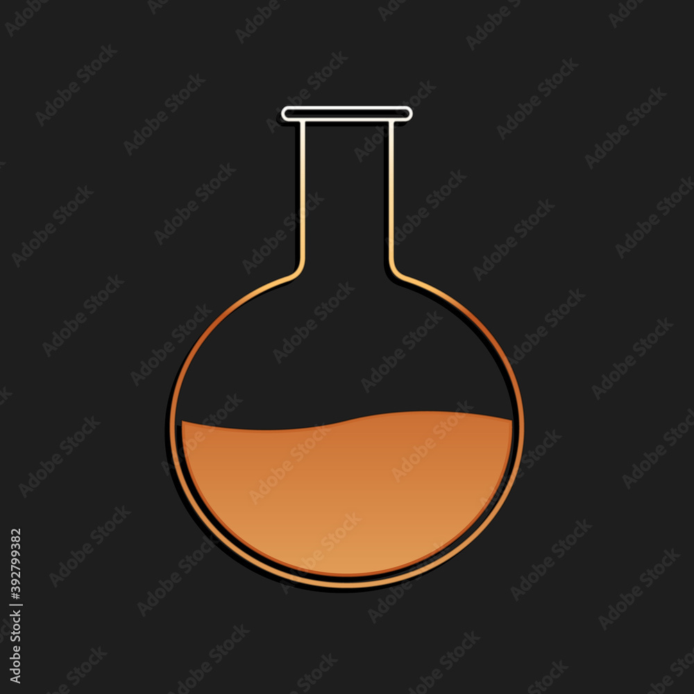 Gold Test tube and flask - chemical laboratory test icon isolated on black background. Laboratory glassware sign. Long shadow style. Vector. Gold Test tube and flask - chemical laboratory test icon isolated on black background. Laboratory glassware sign. Long shadow style. Vector.