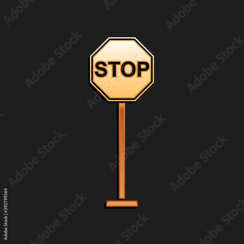 Gold Stop icon isolated on black background. Traffic regulatory warning stop symbol. Long shadow style. Vector.