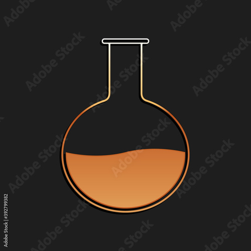 Gold Test tube and flask - chemical laboratory test icon isolated on black background. Laboratory glassware sign. Long shadow style. Vector.