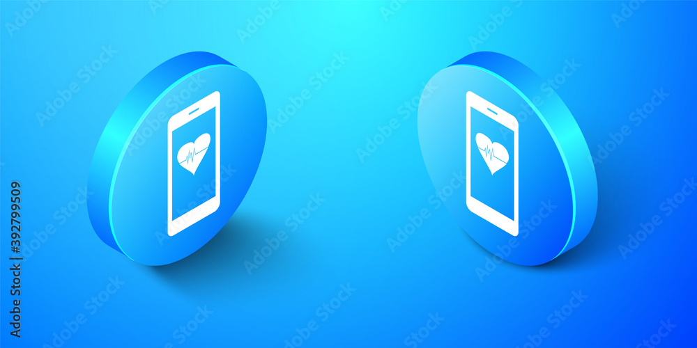 Isometric Smartphone with heart rate monitor function icon isolated on blue background. Blue circle button. Vector. Isometric Smartphone with heart rate monitor function icon isolated on blue background. Blue circle button. Vector.