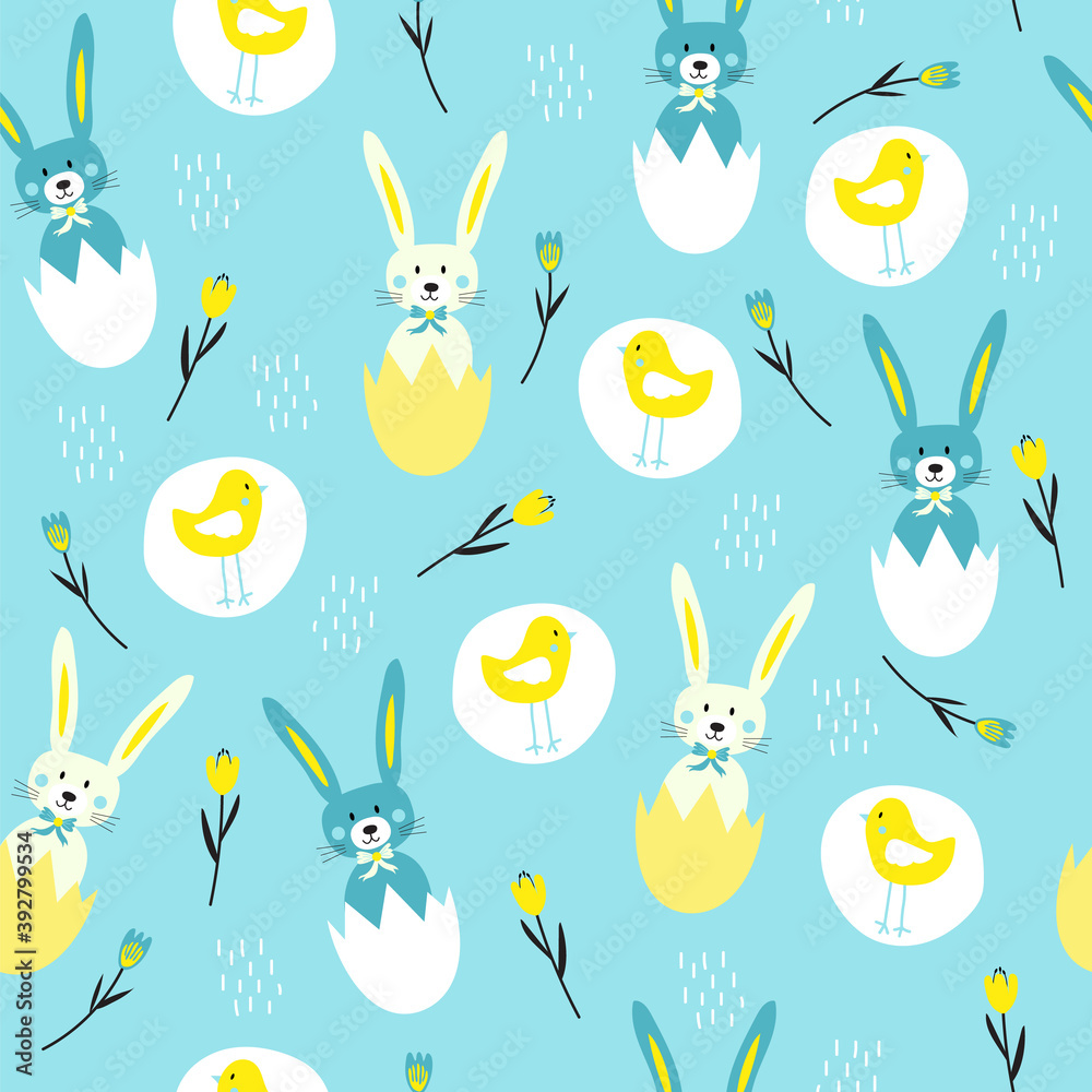 Vector illustration easter bunnies inside eggshells, chickens, and flowers seamless repeat pattern on a light blue background. Vector illustration easter bunnies inside eggshells, chickens, and flowers seamless repeat pattern on a light blue background.