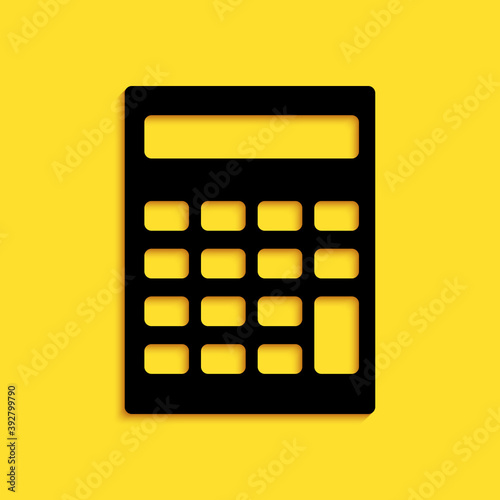 Black Calculator icon isolated on yellow background. Accounting symbol. Business calculations mathematics education and finance. Long shadow style. Vector.
