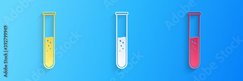 Paper cut Test tube and flask - chemical laboratory test icon isolated on blue background. Paper art style. Vector.