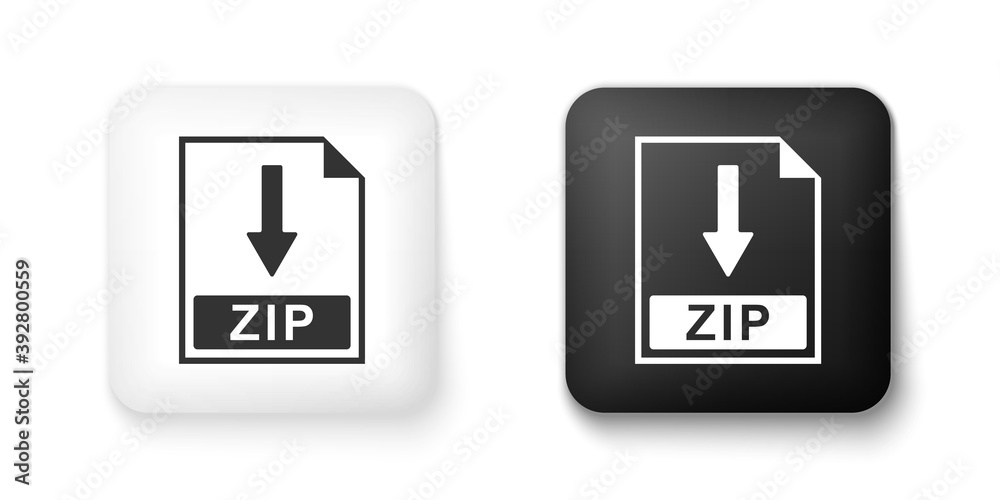 Black and white ZIP file document icon. Download ZIP button icon isolated on white background. Square button. Vector. Black and white ZIP file document icon. Download ZIP button icon isolated on white background. Square button. Vector.
